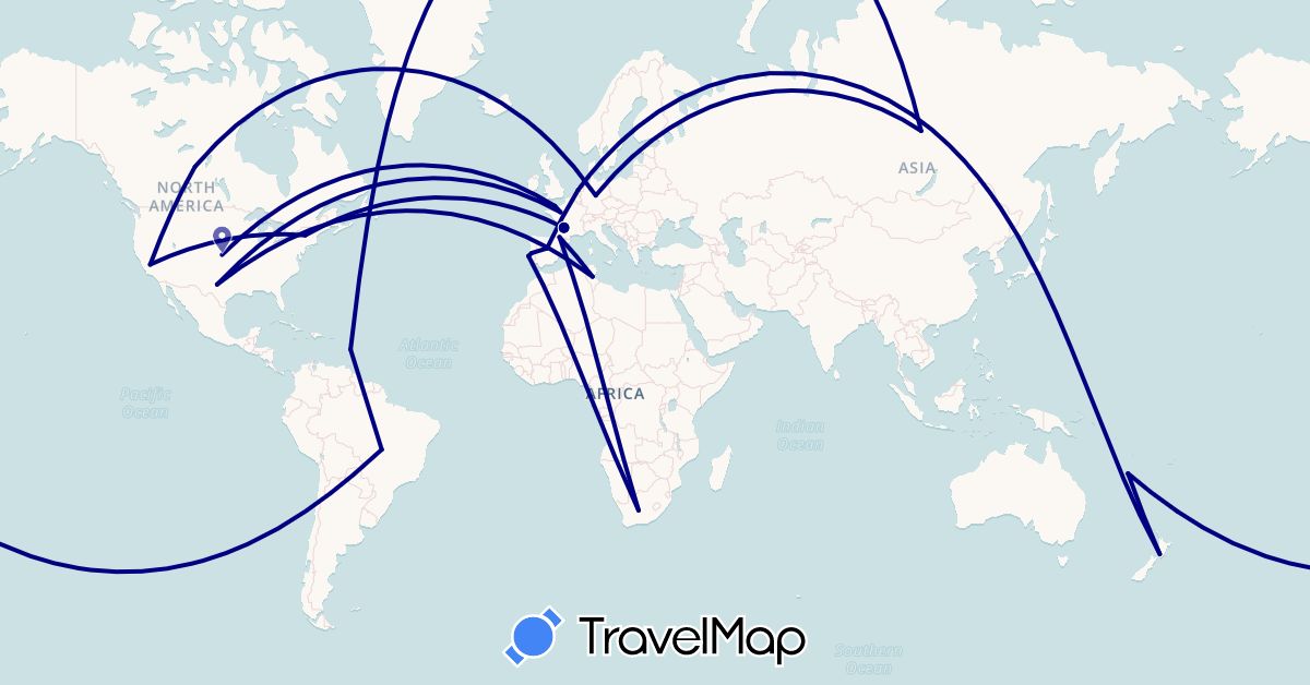 TravelMap itinerary: driving in Brazil, Canada, Germany, Spain, France, Martinique, New Caledonia, Netherlands, New Zealand, Portugal, Russia, Tunisia, United States, South Africa (Africa, Europe, North America, Oceania, South America)